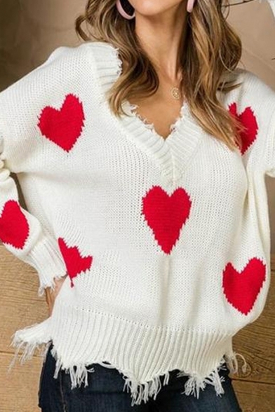 Fashionable Womens Sweater Heart Printed Knitted Tassel Long Sleeve V-neck Loose Fit Pullover Sweater Top