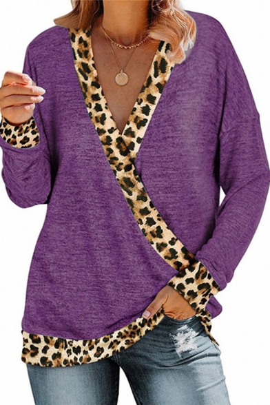 Popular Girls T-shirt Leopard Print Long Sleeve Surplice Neck Loose Fit Tee Top