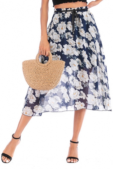 Pretty Blue Skirt Allover Floral Print Drawstring Waist Mid A-line Skirt for Girls