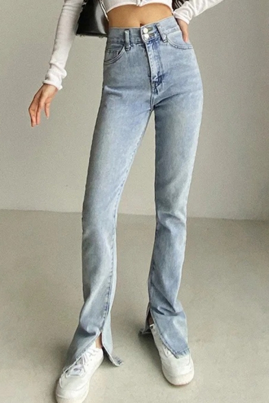 Street Womens Jeans Bleach Plain High Rise Slit Long Fitted Jeans