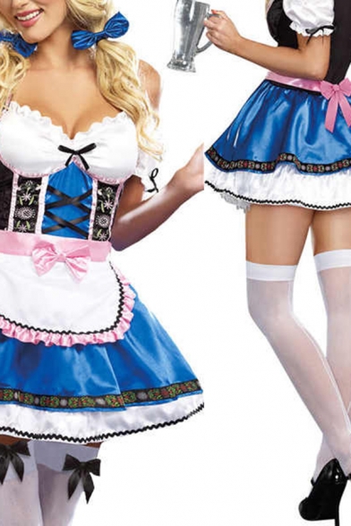Stylish Dress Color Block A-Line Slim Fitted Mini Beer-Maid Costume for Women