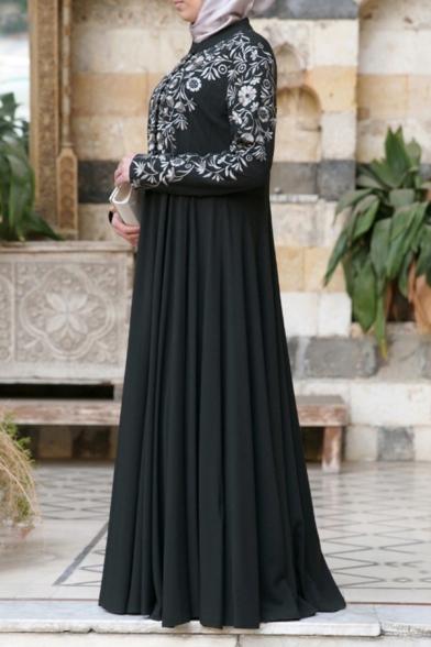 Trendy Womens Dress Floral Pattern Floor Length Stand Collar Oversize Long Sleeve Muslim Robe