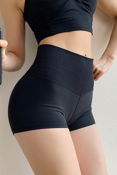 Womens Shorts Athletic Solid Color Mention Butt Tummy-Control Elastic High Waist Skinny Fit Yoga Shorts