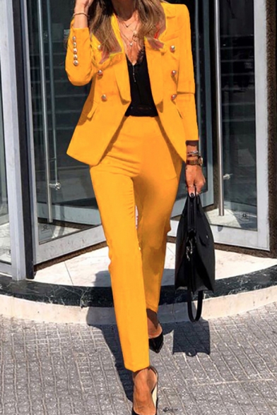 Basic Suit Co-ord Womens Solid Color Metal Button Design Slim Long Sleeve Jacket Ankle Length Pencil Pants Set