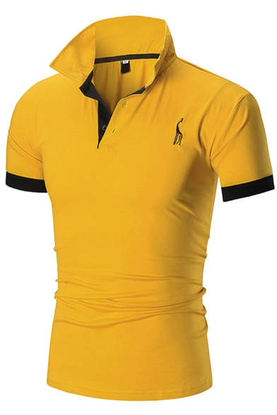 Chic Mens Polo Shirt Giraffe Pattern Contrast Trim Turn-down Collar Button Detail Short Sleeve Slim Fit Polo Shirt
