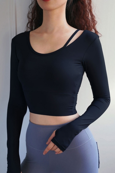 Chic Tee Top Solid Color Long Sleeve Cold Shoulder Fitted Crop T Shirt for Women