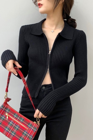 Chic Womens Cardigan Knit Long Sleeve Spread Collar Zipper Front Slim Fitted Cardigan