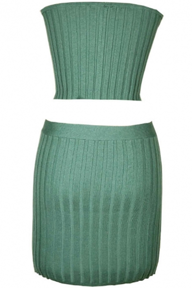Edgy Looks Set Ribbed Strapless Fit Crop Tube & Mini Fitted Skirt Set in Green