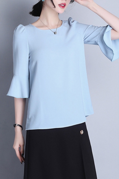 Elegant Womens Shirt Solid Color Bell Sleeve Crew Neck Regular Fit Shirt Top