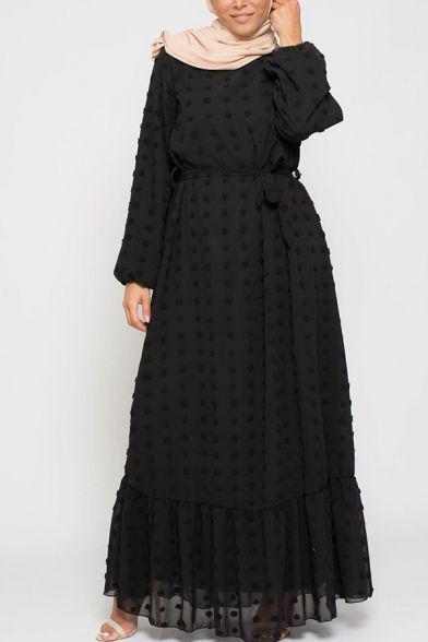 Ethnic Womens Dress Plain Polka Dot Print Long Sleeve Crew Neck Ruffled Trim Bow-tied Waist Maxi A-line Dress