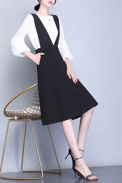 Fashion Girls Dress Plunge Neck Sleeveless Plain Mid Pleated A-line Dress in Black