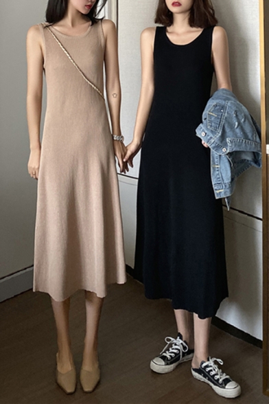 Fashionable Womens Knitted Dress Plain Color Sleeveless Round Neck Slim Fit Midi Tank Dress