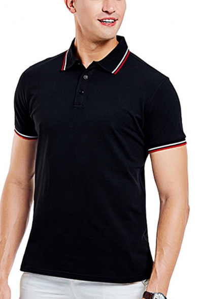 Simple Contrast Tipped Striped Trim Two-Button Classic-Fit Royal Blue Polo Shirt for Men