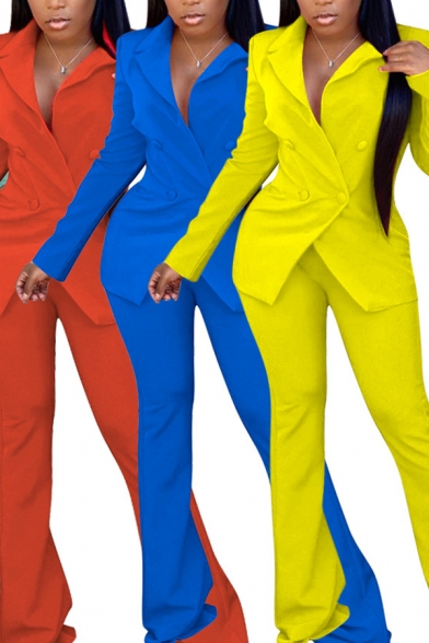 Trendy Womens Co-ords Plain Color Long Sleeve Lapel Collar Suit Jacket Slim Fitted Pants Set