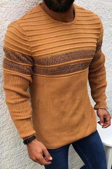 Casual Mens Sweater Ribbed Knit Contrasted Long Sleeve Crew Neck Fitted Pullover Sweater Top