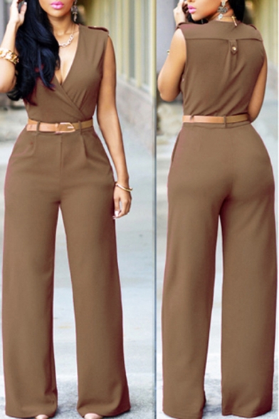 Chic Womens Jumpsuit Plain Color Belted High Rise Slim Fitted Sleeveless Deep V Neck Wide Leg Jumpsuit