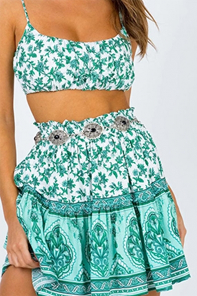 Holiday Womens Set Ditsy Floral Tied Shoulder Fit Crop Cami & Skirt Set