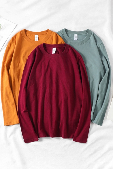 Leisure Guys Tee Top Solid Color Long Sleeve Crew Neck Relaxed Fitted T Shirt