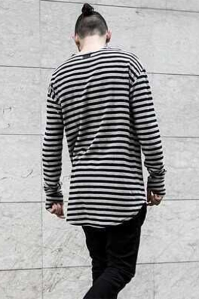 Men's Streetwear Fashion Striped Print Long Sleeve with Glove Black Cotton Longline T-Shirt