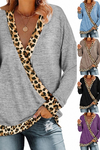 Popular Girls T-shirt Leopard Print Long Sleeve Surplice Neck Loose Fit Tee Top