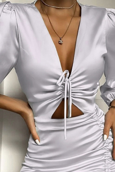 Popular Womens Dress Solid Color Blouson Sleeve Deep V-neck Drawstring Cut Out Mini Fit Dress