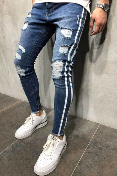 Popular Womens Jeans Tape Panel Ripped Bleach Mid Rise Ankle Skinny Jeans