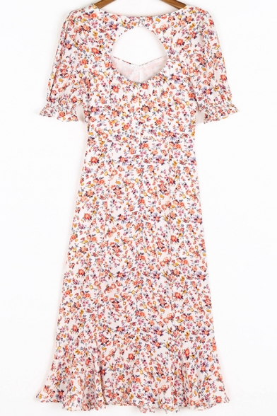 Stylish Womens Dress Ditsy Flower Print Short Sleeve Square Neck Slit Ruffled Short A-line Dress