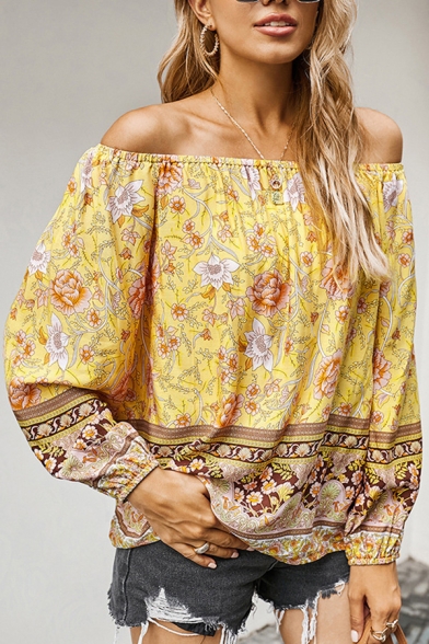Summer Womens Shirt Floral Printed Long Sleeve Off the Shoulder Loose Fit Shirt Top