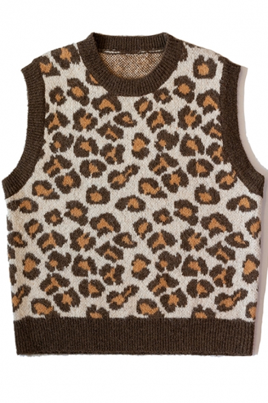 Trendy Womens Sweater Vest Leopard Skin Jacquard Contrast-Trim Sleeveless Round Neck Regular Fit Sweater Vest