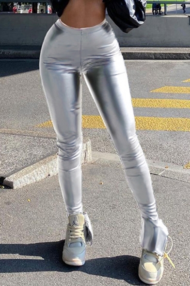 Unique Womens Pants Metallic PU Plain High Rise Long Length Skinny Pants in Black
