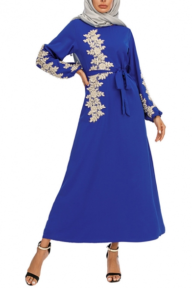 Arabic Dress Applique Long Sleeve Crew Neck Bow Tied Waist Maxi A-line Dress for Women