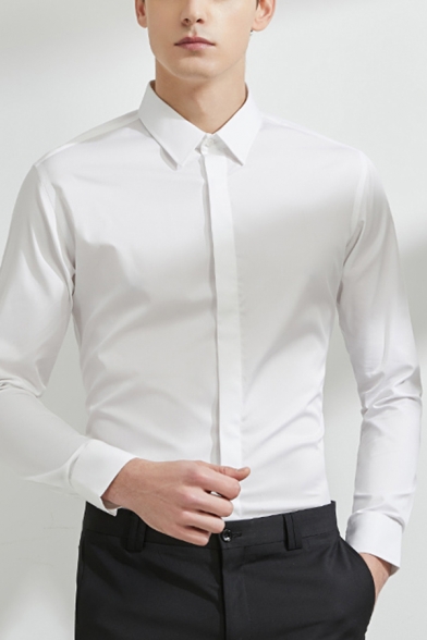 Basic Mens Shirt Solid Color Long Sleeve Point Collar Button Up Slim Fitted Shirt Top