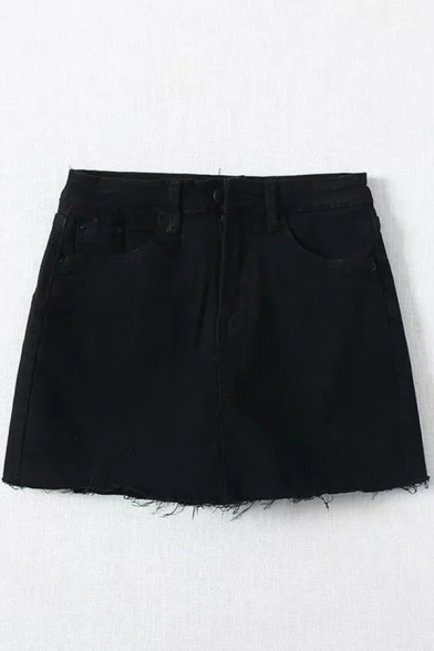 Fashionable Womens Skirt High Rise Frayed Hem Anti-Emptied Mini Denim Bodycon Skirt