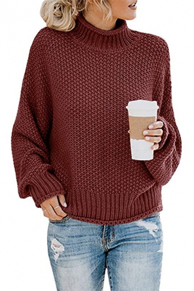 Ladies Cozy Sweater Knitted Blouson Sleeve Mock Neck Loose Pullover Sweater Top