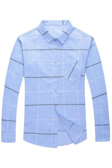 Leisure Guys Shirt Plaid Printed Chest Pocket Long Sleeve Turn Down Collar Button-up Slim Fit Shit Top