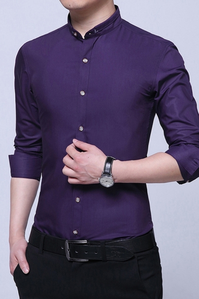 Leisure Guys Shirt Plain Long Sleeve Collarless Button Up Fitted Shirt Top