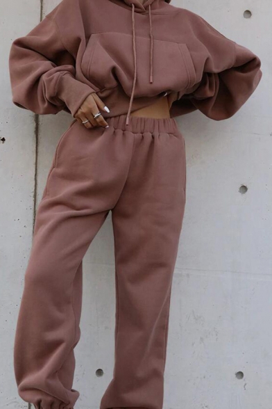 Popular Womens Set Soldi Color Long Sleeve Drawstring Relaxed Fit Hoodie & Sweatpants Set