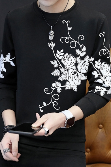 Stylish Floral Printed Long Sleeve Round Neck Casual Pullover Sweatshirt For Men