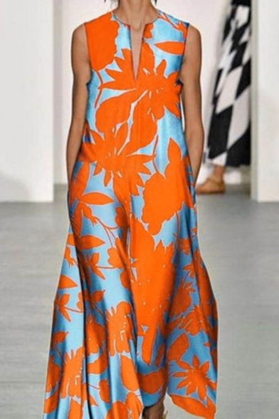 Trendy Womens Dress Flower Allover Print Sleeveless V-neck Long Swing Dress