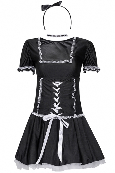 Womens Dress Trendy Lace-up Halloween Costume Mini Square Neck Slim Fit Short Sleeve Maid Uniform