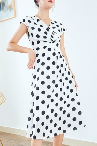 Womens Stylish Dress White Polka Dot Print Cap Sleeve Surplice Neck Mid A-line Dress