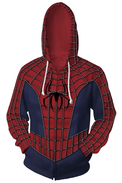 New Stylish 3D Blue and Red Spider Printed Long Sleeve Zip Up Hoodie