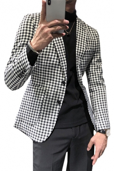 Basic Mens Casual Jacket Houndstooth Pattern Double Breasted Regular Fit Lapel Collar Long Sleeve Suit Jacket