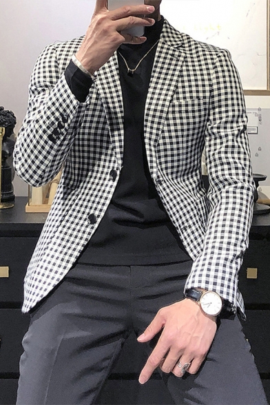 Basic Mens Casual Jacket Houndstooth Pattern Double Breasted Regular Fit Lapel Collar Long Sleeve Suit Jacket