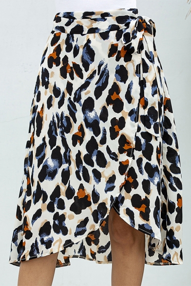 Womens Summer Sexy Leopard Printed Split Front Tied Waist Midi Wrap Skirt