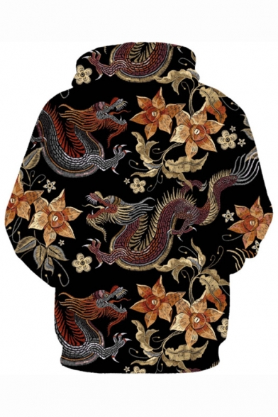 Chinese Style 3D Ethnic Dragon Floral Printed Long Sleeve Mens Casual Black Hoodie