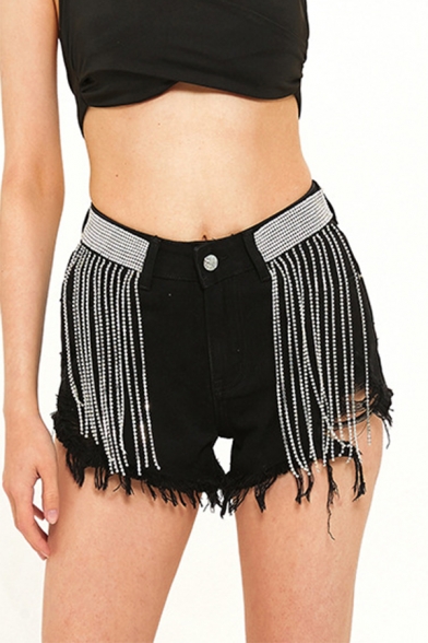 Black Vintage Womens Shorts Frayed Cuffs Rhinestone Chain Fringe High Rise Regular Fitted Zipper Fly Denim Shorts