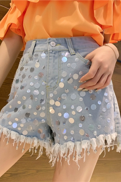 Hot Popular Summer Night Club Fashion Sequined Embellished Frayed Hem Denim Shorts for Women