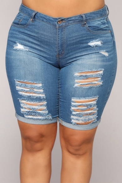 Womens New Stylish Destroyed Ripped Hole Rolled Cuff Skinny Fit Half Denim Shorts