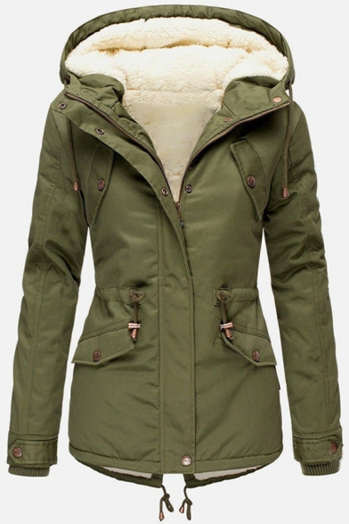 Women's Fashion Plain Long Sleeve Hooded Zipper Button Front Flap Pockets Drawstring Sherpa Fleece Fitted Parka Coat
